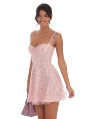 Sequin Ruffle Strap A-Line Dress in Pink