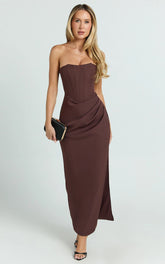 Strapless Draped Side Split Dress in Chocolate