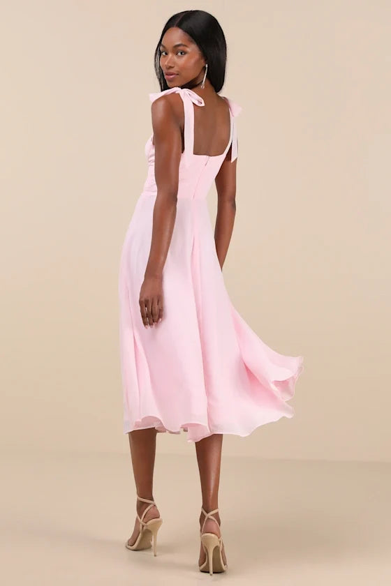 Sophisticated Charisma Light Pink Tie-Strap A-Line Midi Dress