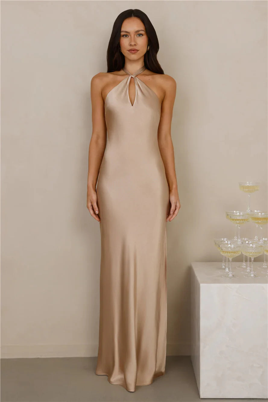 The Delilah Satin Halter Maxi Dress Champagne