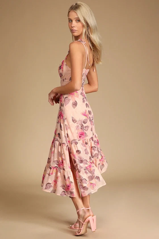 Tea Party Chic Pink Floral Print Tie-Strap Tiered Midi Dress