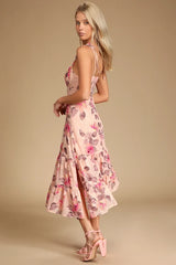 Tea Party Chic Pink Floral Print Tie-Strap Tiered Midi Dress