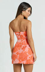 Strapless Dress in Orange Jacquard