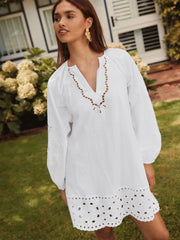 White Long Sleeve Broderie Summer Mini Dress