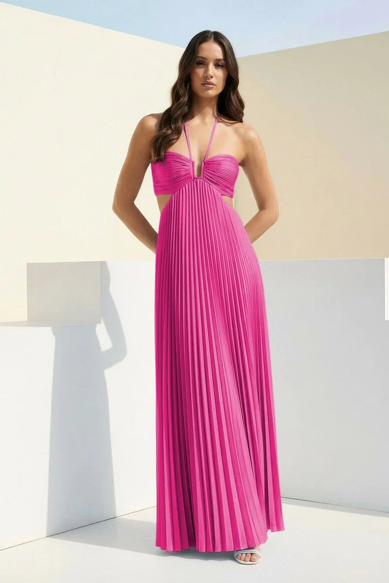 Sky Blue Halter Pleated Satin A Line Prom Dresses With Cutout