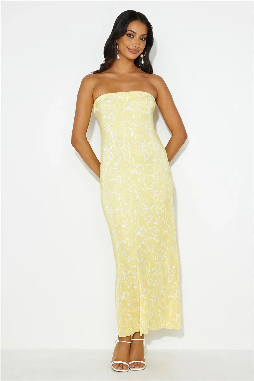 Sharp Style Strapless Plisse Maxi Dress Yellow