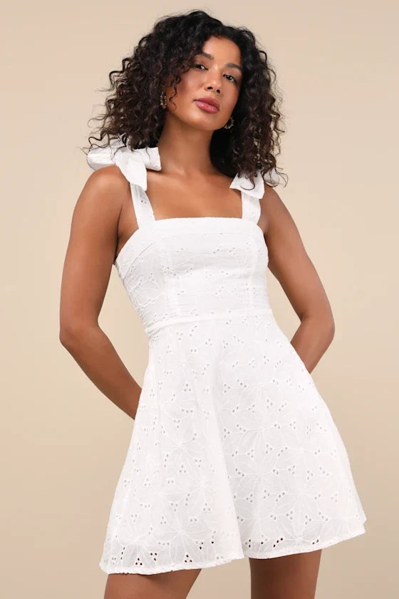 Sneak a Kiss White Floral Embroidered Tie-Strap Mini Dress