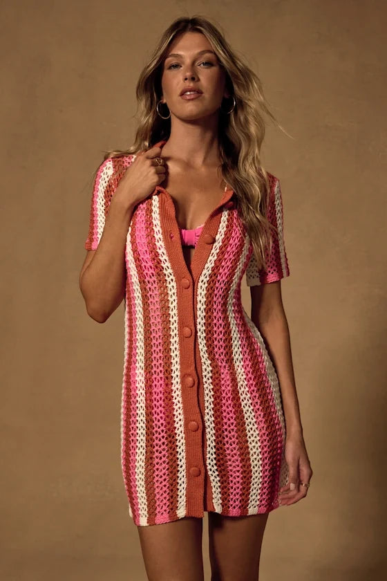 Skylar Pink Multi Striped Crochet Swim Cover-Up