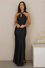 The Delilah Satin Halter Maxi Dress Black