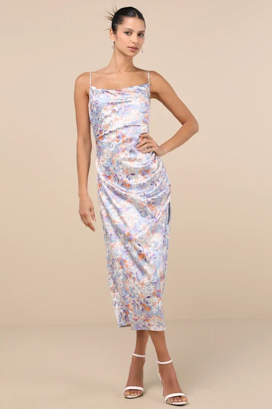 Truest Romance Slate Floral Print Sleeveless Ruched Midi Dress
