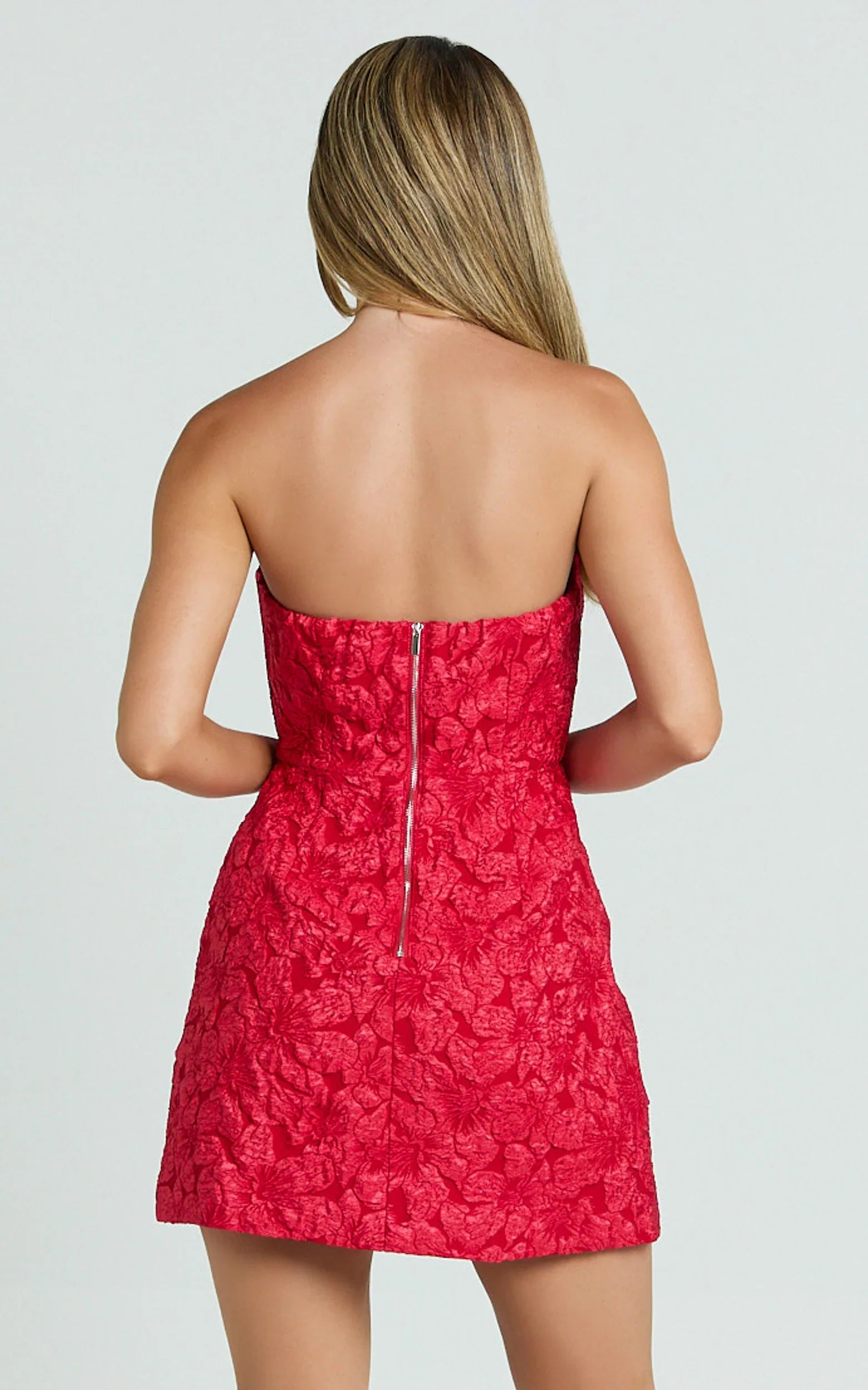 Strapless Dress in Red Jacquard